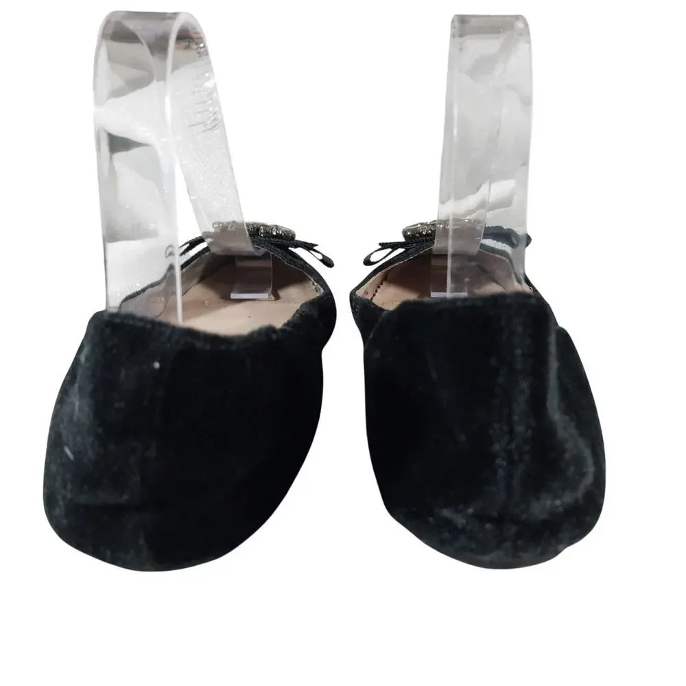 LANDS' END! BLACK VELVET & GROSGRAIN RIBBON BOW, RHINESTONE FLATS! SZ 9.5B